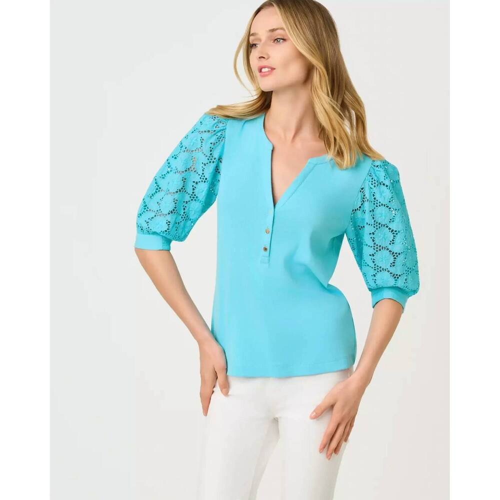 NEW LILLY PULITZER ronson eyelet knit top in capri blue